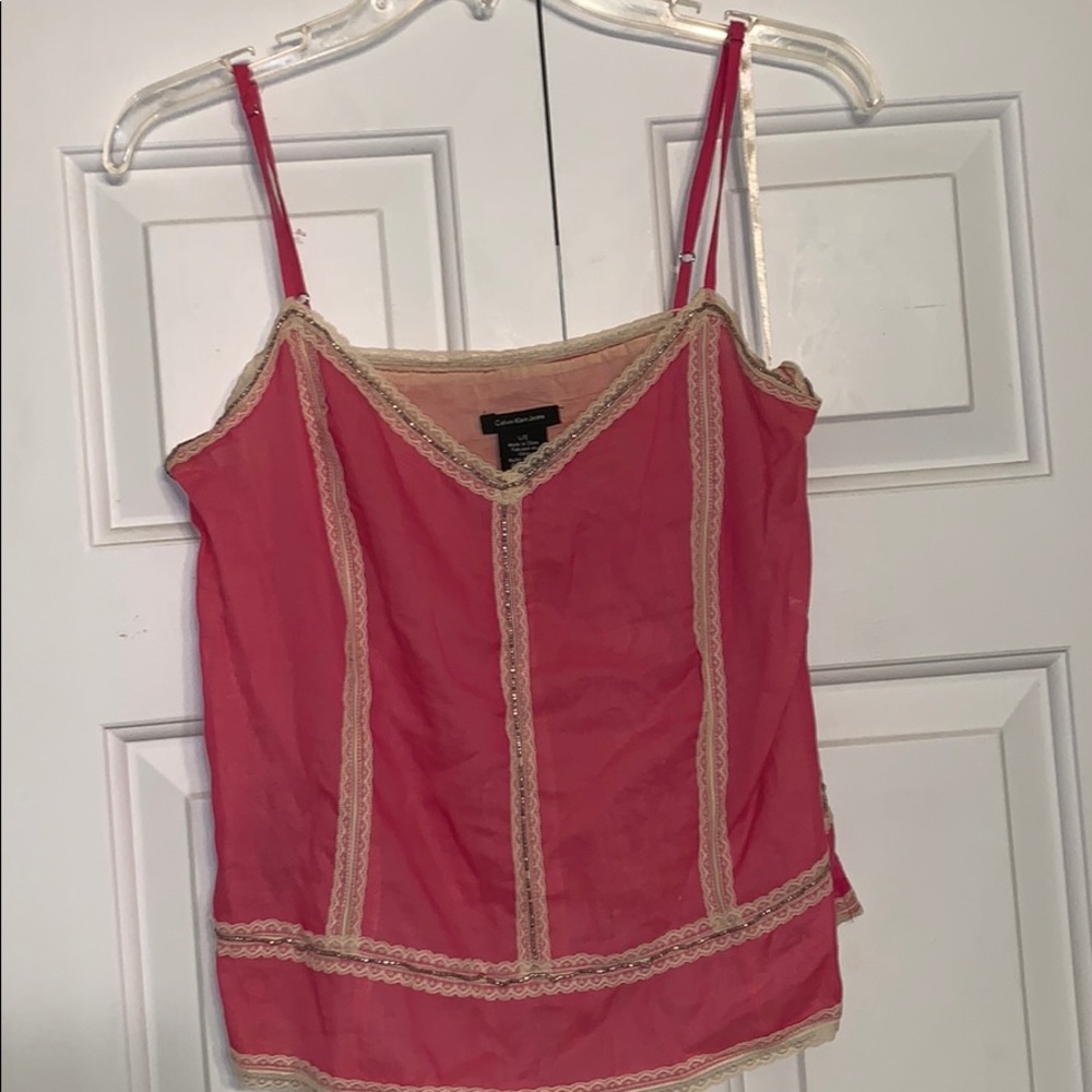 Pink tank with cream lace